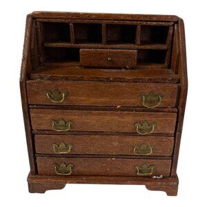 Vintage 1:12 Scale Miniature Wooden Secretary Desk Dollhouse Furniture No Roll T